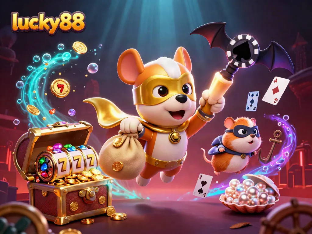 Experience high-energy action with lucky88 as a superhero dog and his sidekick take flight amidst casino games.