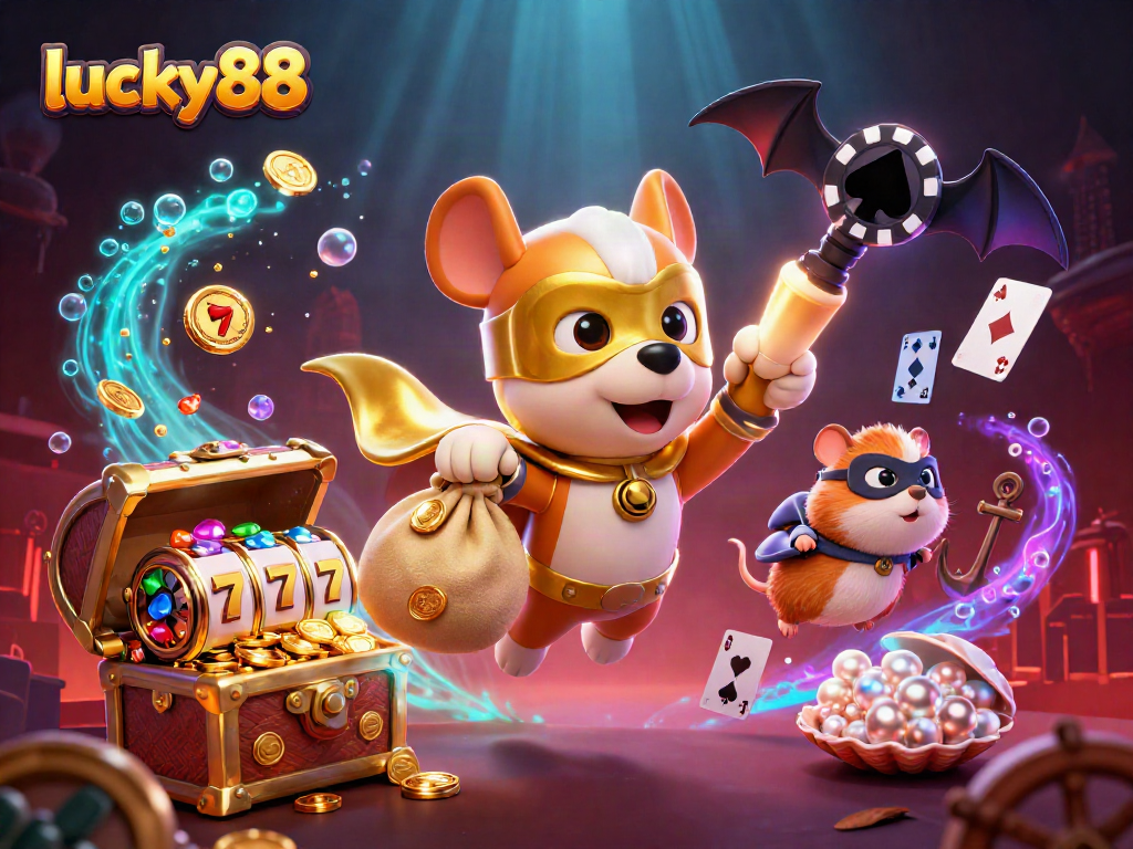 Experience high-energy action with lucky88 as a superhero dog and his sidekick take flight amidst casino games.