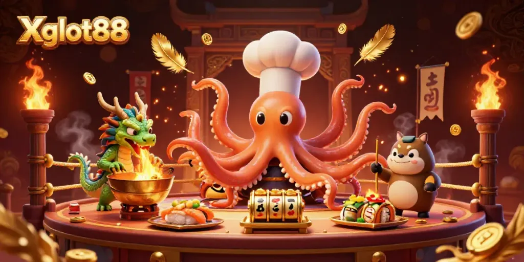 Ilustrasi Xgslot88 menampilkan chef sushi gurita memasak di kasino, dengan naga dan pelanggan tanuki.
