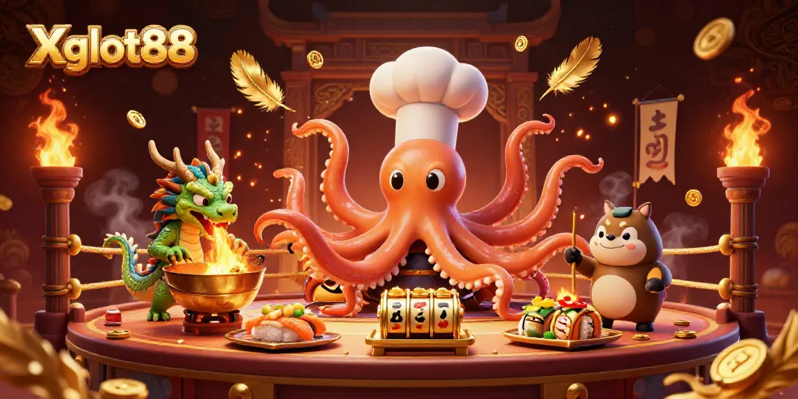 Ilustrasi Xgslot88 menampilkan chef sushi gurita memasak di kasino, dengan naga dan pelanggan tanuki.
