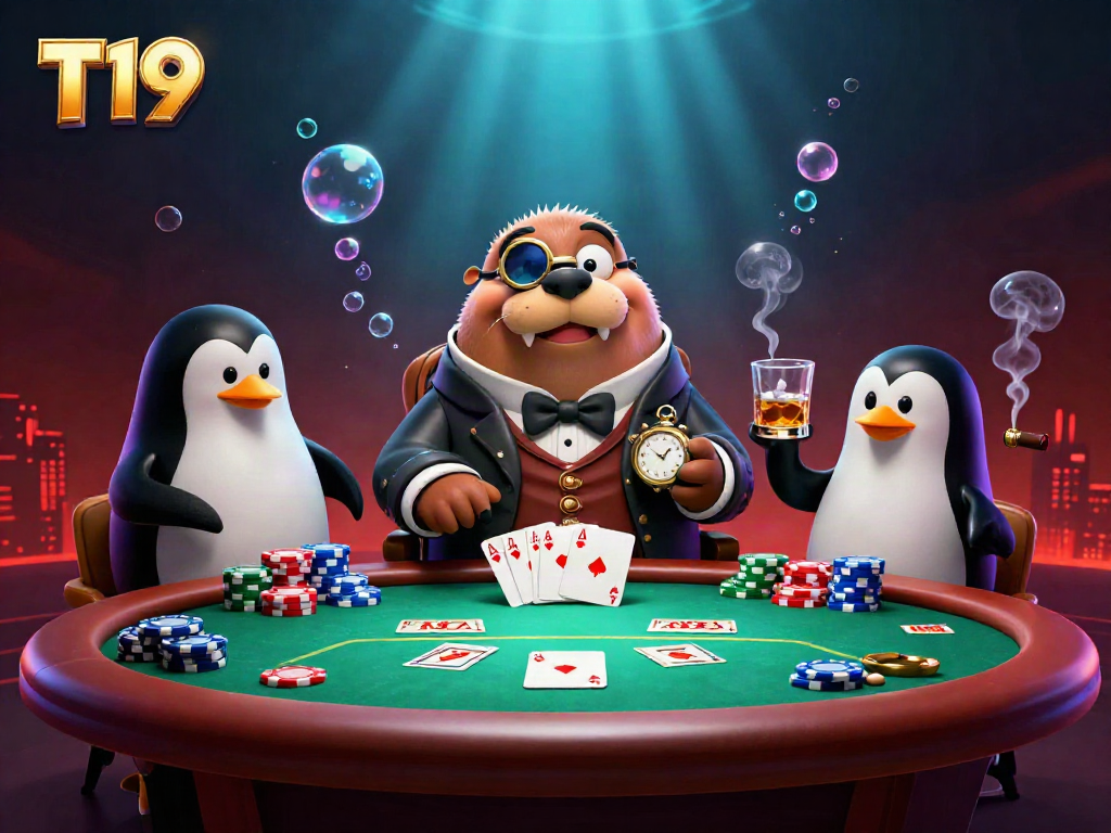 Experience the thrilling world of T19 with a walrus playing poker underwater.