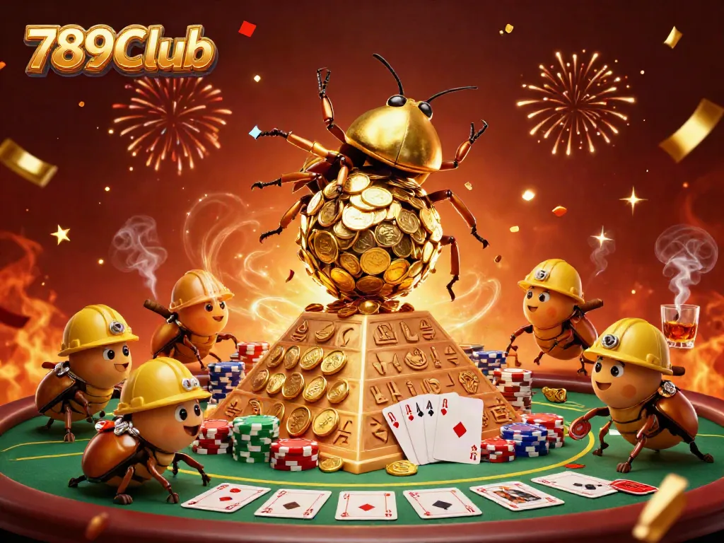 Experience the thrill of the 789Club with a golden beetle rolling coins and vibrant poker elements