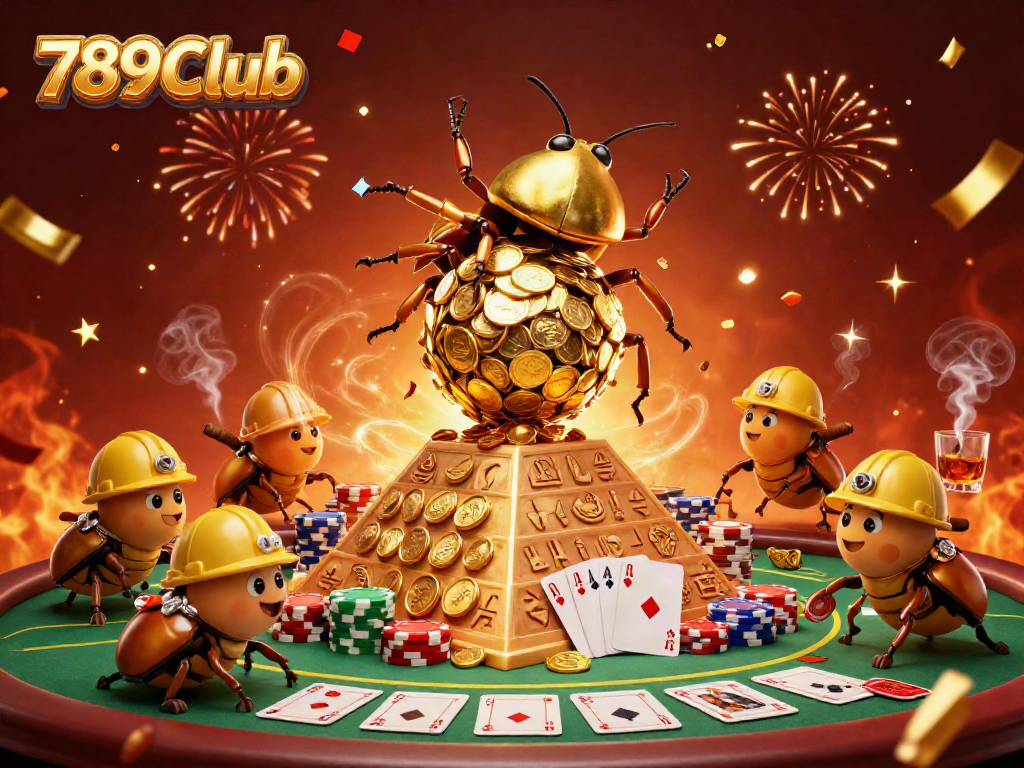 Experience the thrill of the 789Club with a golden beetle rolling coins and vibrant poker elements