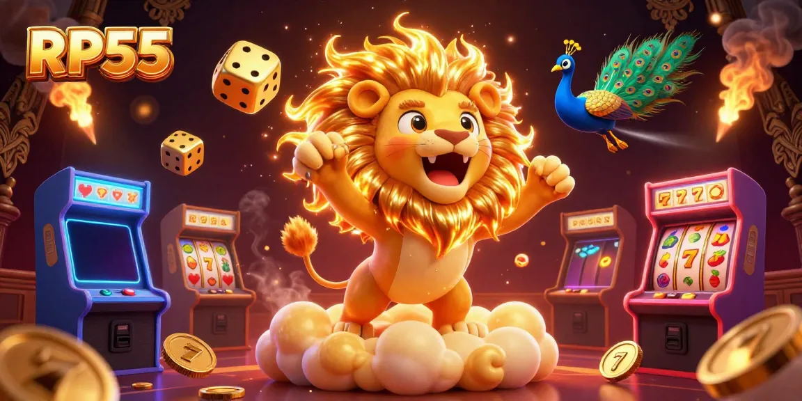 Engage with the RP55 slot experience featuring a roaring sun lion and vibrant casino elements.