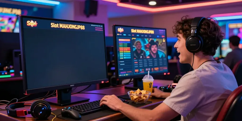 Immersive gaming scene showcasing Slot MAHJONGJP88 on screen with player engaged and colorful LED ambiance.