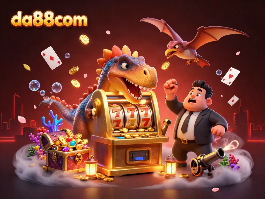 Experience the excitement of da88com as characters reveal jackpot wins amidst vibrant casino elements.