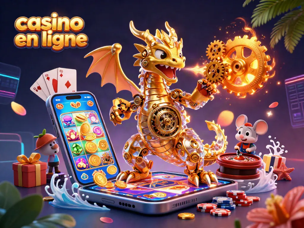 Experience the excitement of casino en ligne with a vibrant 3D illustration featuring a gold dragon and slot games.