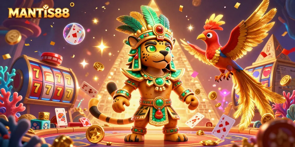 MANTIS88 brings an exhilarating casino experience with a vibrant Mayan themed illustration showcasing jackpot slots, festive confetti, and magical character elements.