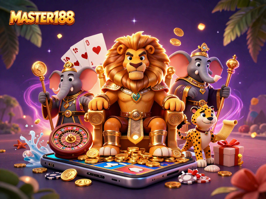 Engage in exhilarating casino action with MASTER188 as the lion king reigns surrounded by gaming elements