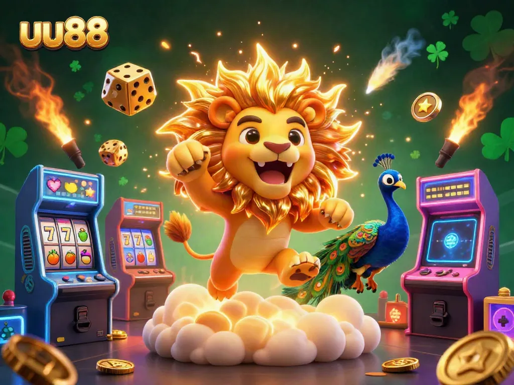 Experience thrilling gaming at uu88 with a triumphant sun lion and vibrant casino elements in this dynamic illustration.
