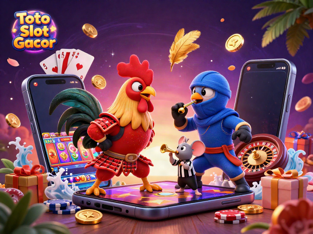 Rasakan keseruan Toto Slot Gacor dengan ayam jantan bertarung di arena slot yang penuh warna.