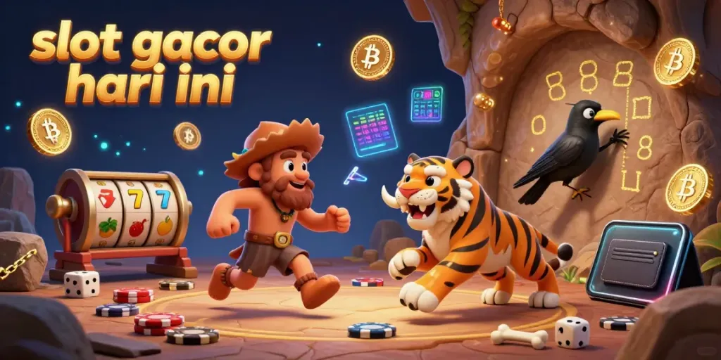 Experience slot gacor hari ini with a vibrant illustration of a prehistoric casino scene featuring unique characters and dynamic gambling elements.