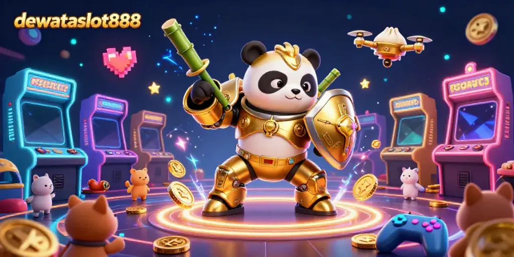 Visualisasi animasi 3D dewataslot888 dengan panda emas dan permainan kasino yang penuh warna.