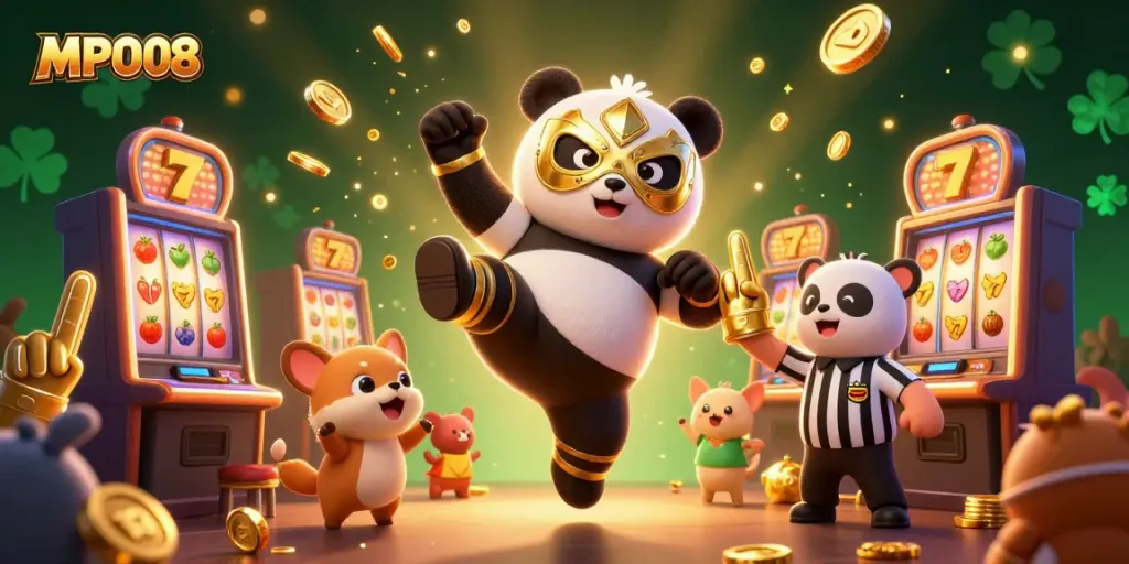 MPO08 shows a lively scene with a panda wrestler and chihuahua referee, capturing the excitement of casino slot gaming.