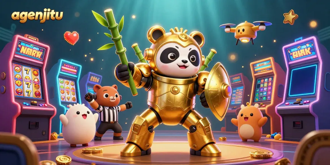 Gambarkan agenjitu dalam suasana kasino dengan panda emas dan elemen permainan slot yang semarak.
