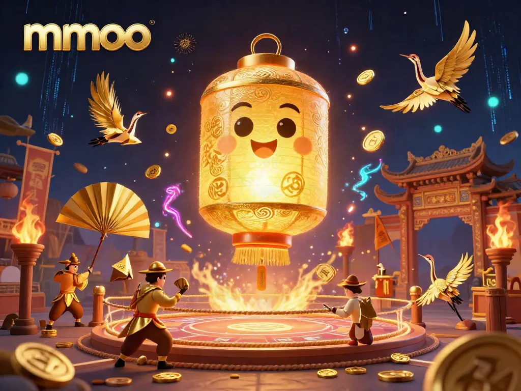 Engage with mmoo's vibrant casino scene showcasing a golden lantern spirit and paper fan warriors amidst lavish gambling elements.
