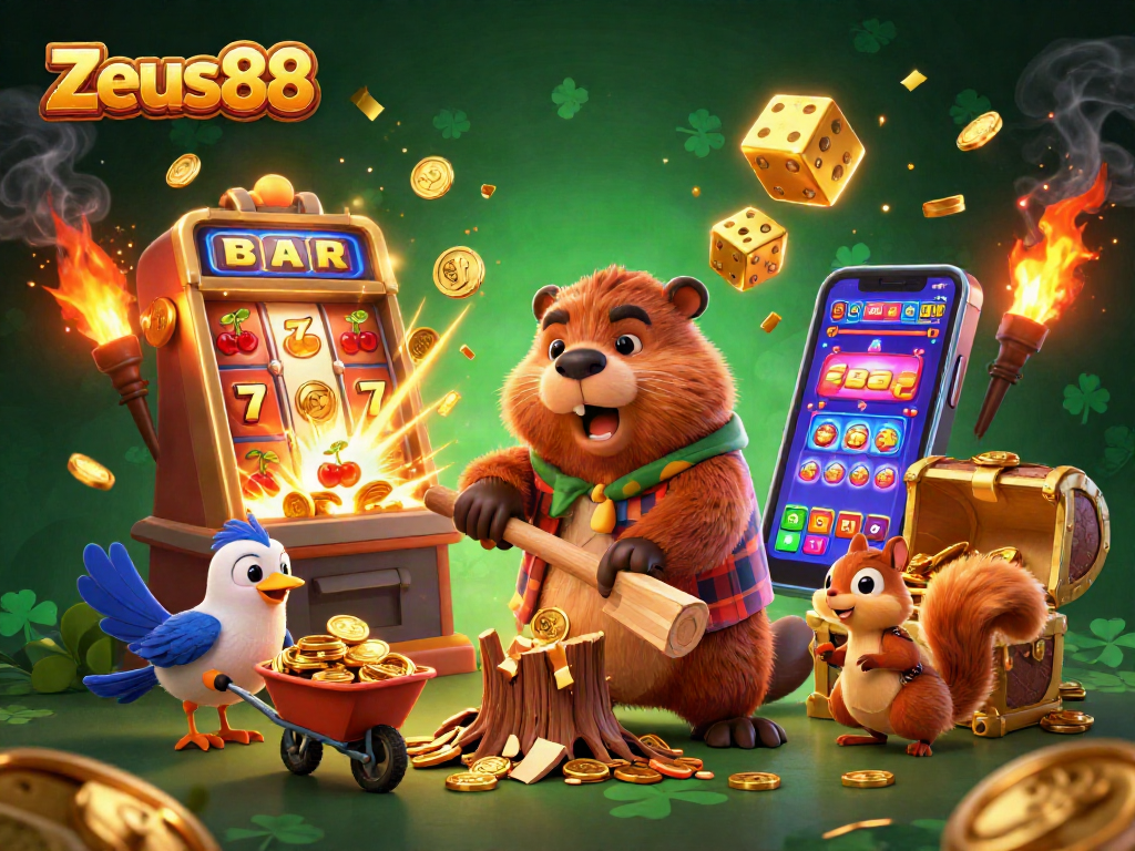 Experience Zeus88 with a lively 3D scene featuring a beaver earning golden coins and colorful slot symbols.