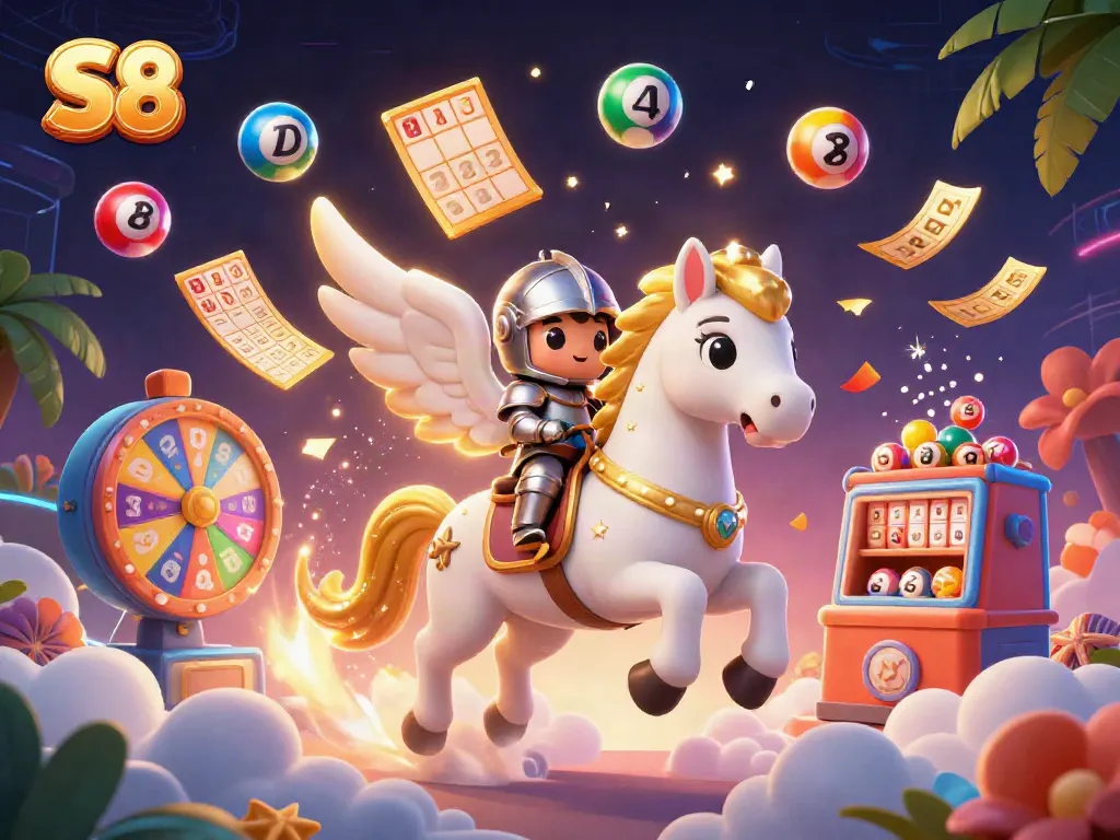 Engage with the S8 lottery scene featuring a celestial horse and vibrant game elements.