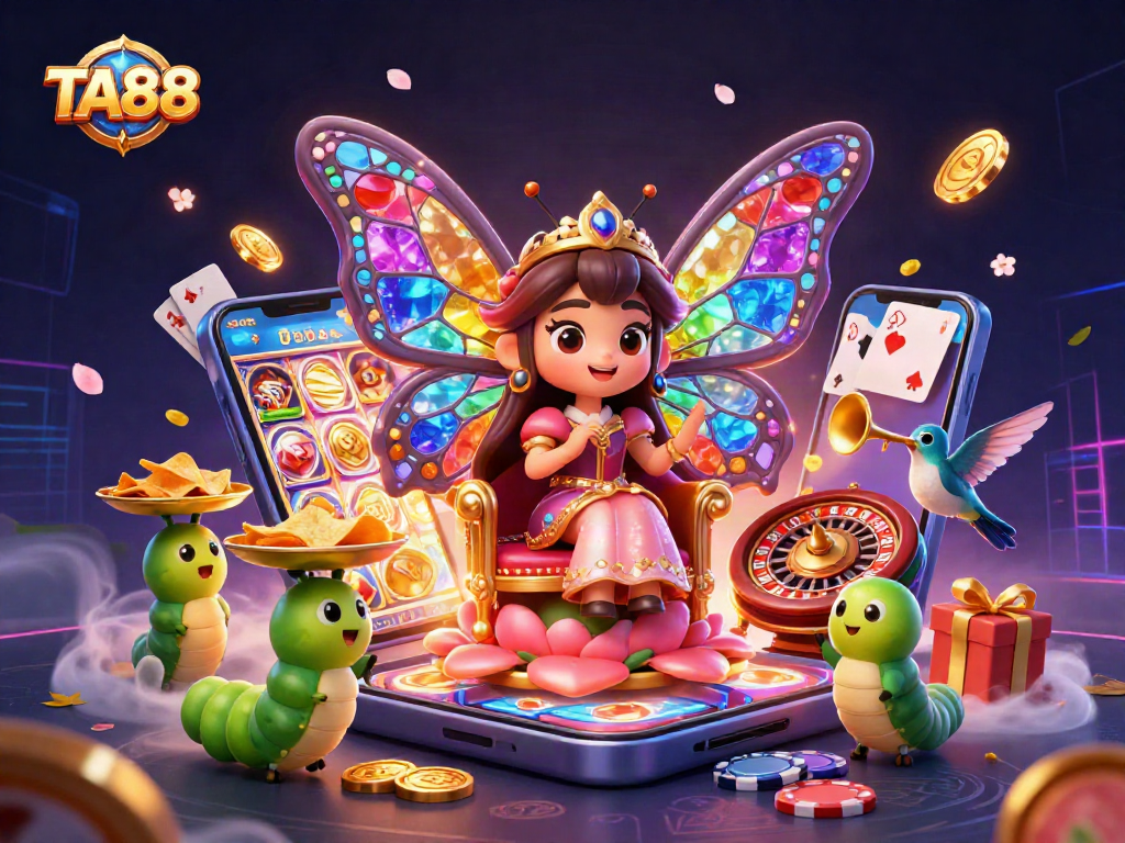 TA88 energizes players with a vibrant casino-themed image featuring a butterfly queen and lavish game elements.