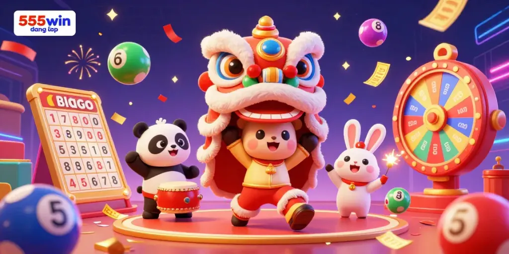 Engage in 555win đăng nhập with a vibrant 3D casino celebration featuring a lion dance, panda, and lottery elements.