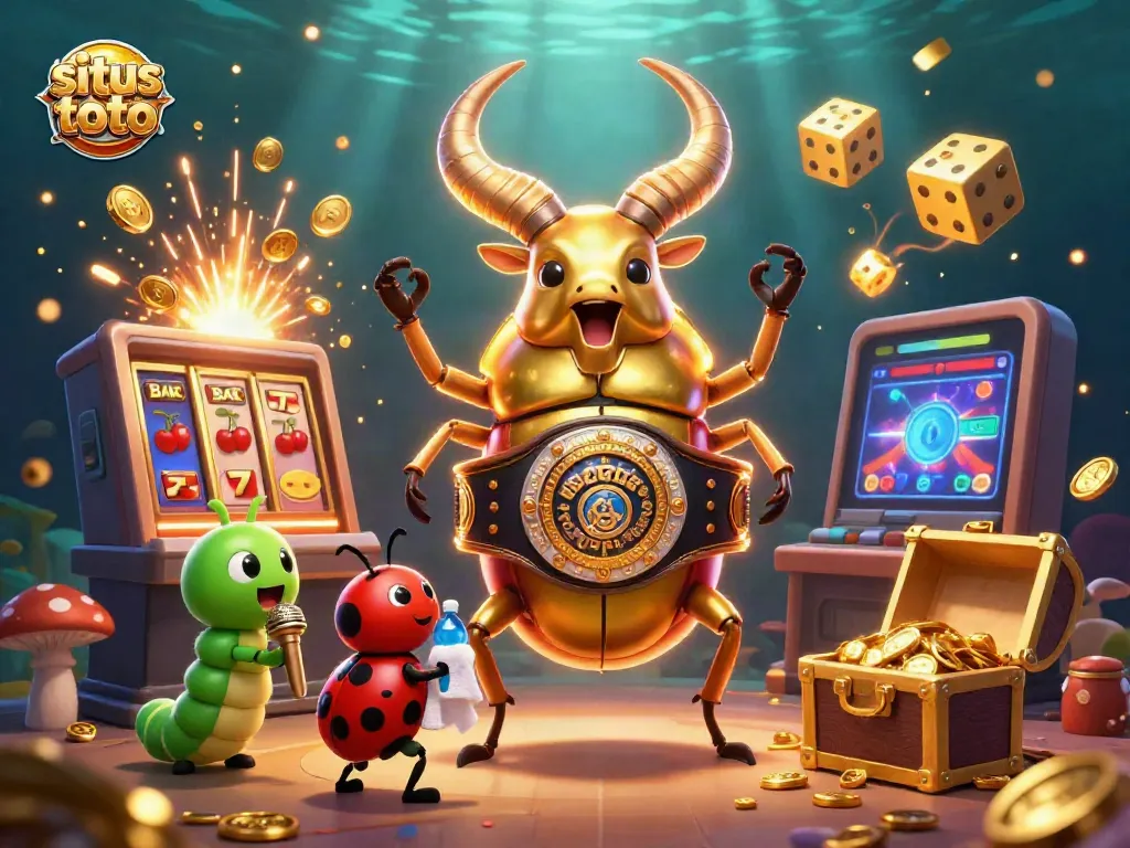 Join the thrill of situs toto with a giant stag beetle champion battling in a dazzling casino scene.