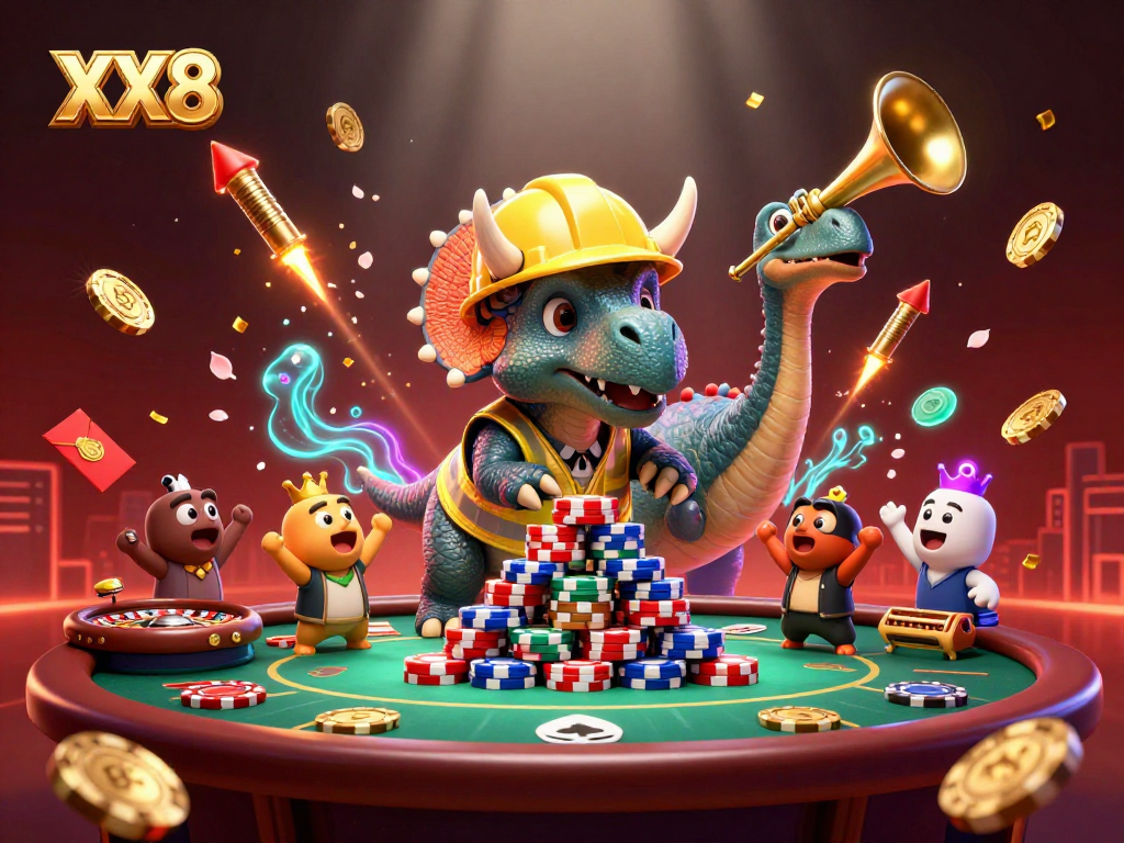 Experience an energetic poker night at XX8 with dynamic characters, chips, and vibrant casino elements