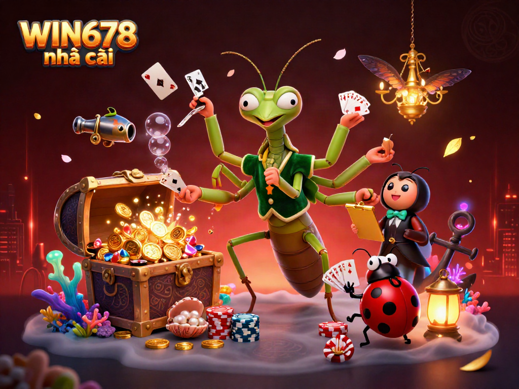WIN678 nhà cái showcases dynamic gambling action with cartoon characters dealing cards and celebrating