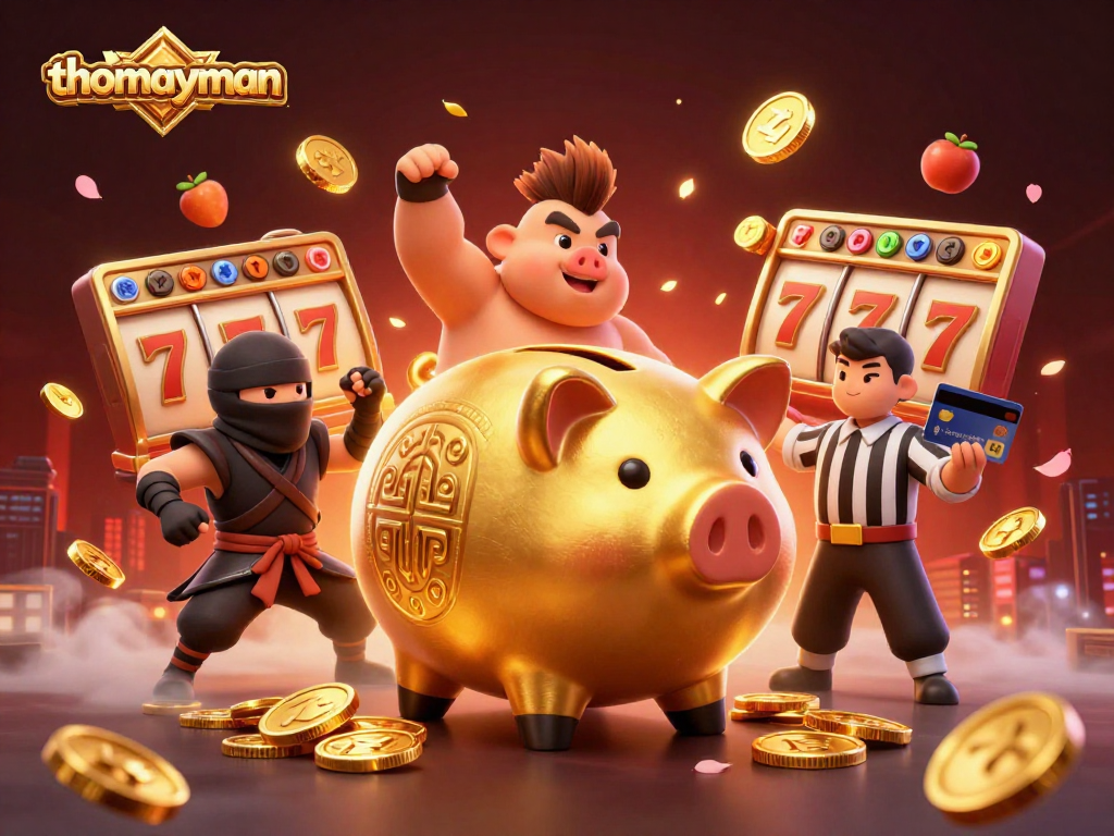 Thomayman offers thrilling slot action with golden piggy bank and vibrant symbols.