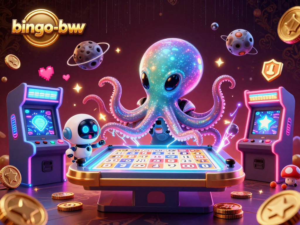 Bingo-bnw gameplay with a colorful, alien-themed bingo table scene featuring joyfully animated characters.