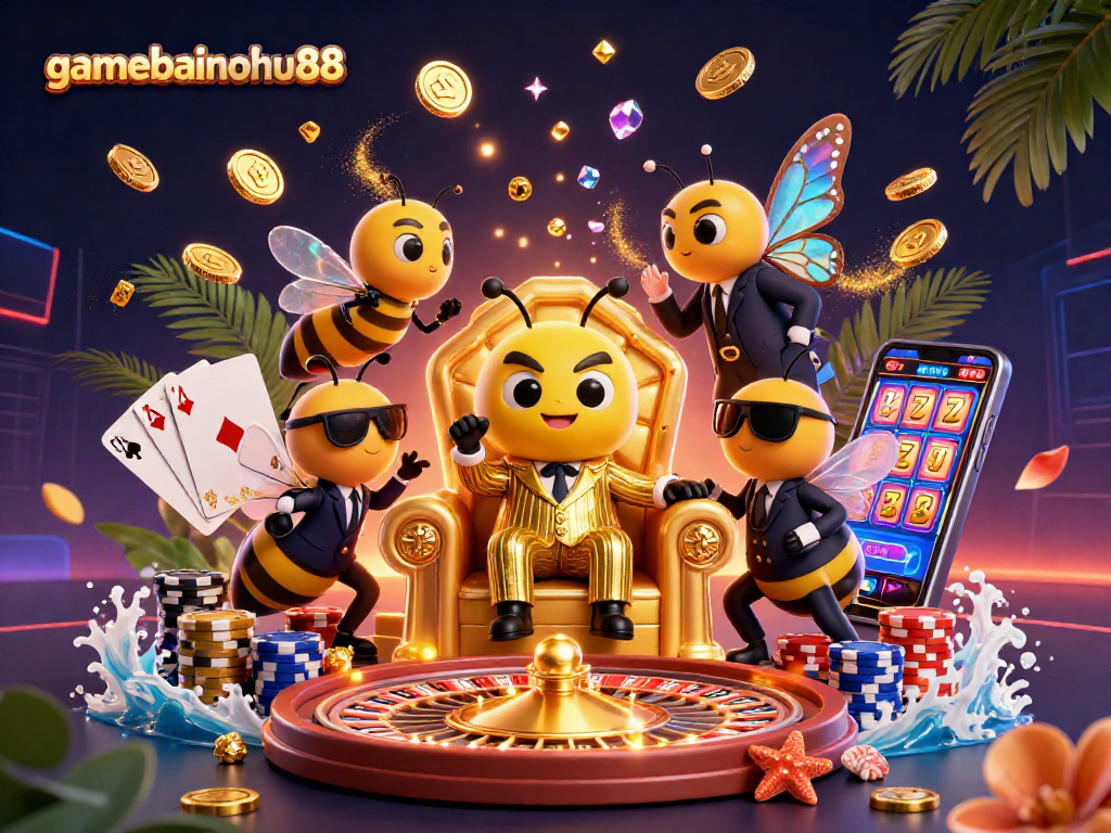 Experience the excitement of gamebainohu88 with triumphant characters amidst sparkling casino elements.