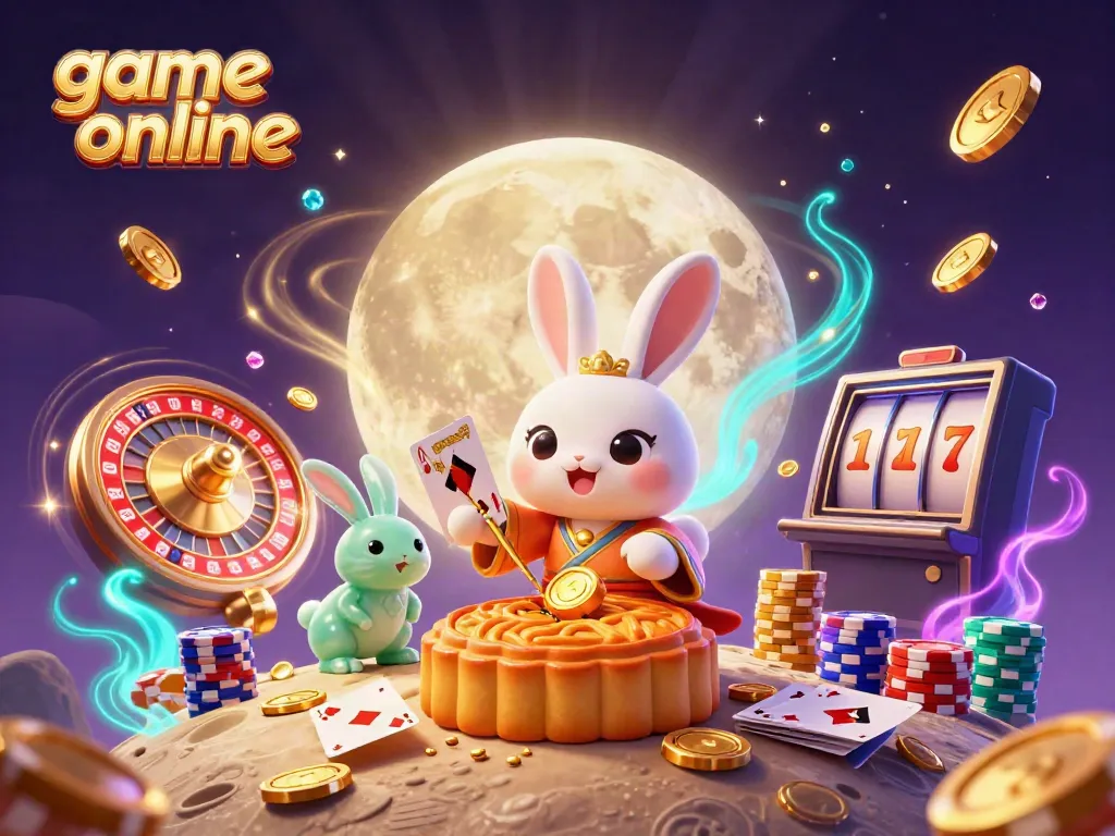 Experience the thrill of game online with a vibrant moon rabbit scene featuring poker chips and cascading coins.