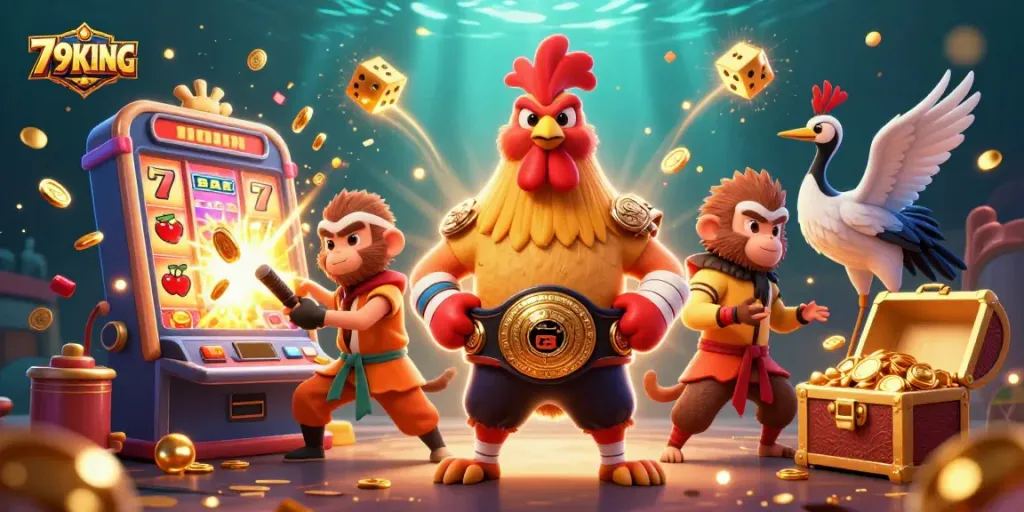 Spin and win with 79KING at this vibrant casino illustration featuring a Muay Thai rooster and a crane master.