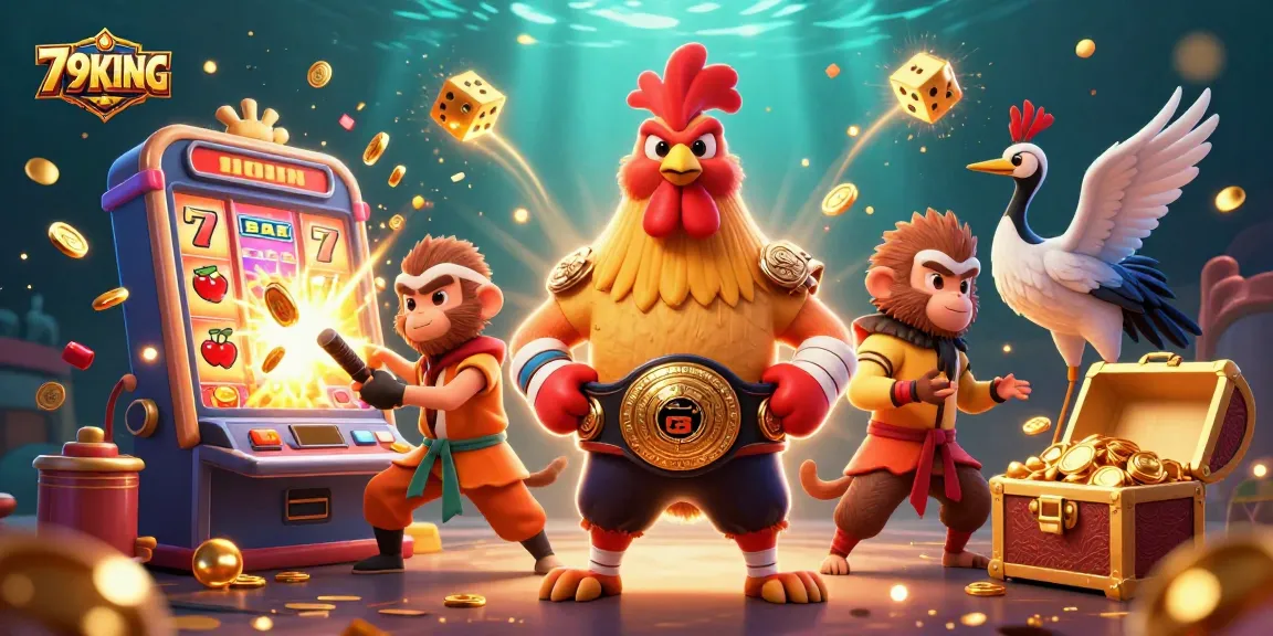 Spin and win with 79KING at this vibrant casino illustration featuring a Muay Thai rooster and a crane master.