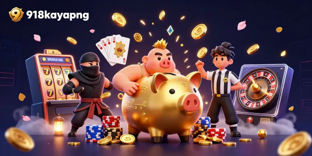 Experience thrilling jackpots with 918kaya png's energetic casino scene showcasing dynamic characters and gaming elements.