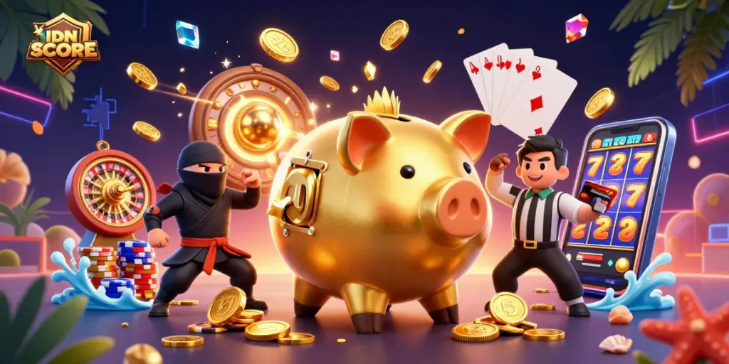IDNSCORE showcases an exciting gaming scene with dynamic characters, vibrant casino elements, and engaging action.