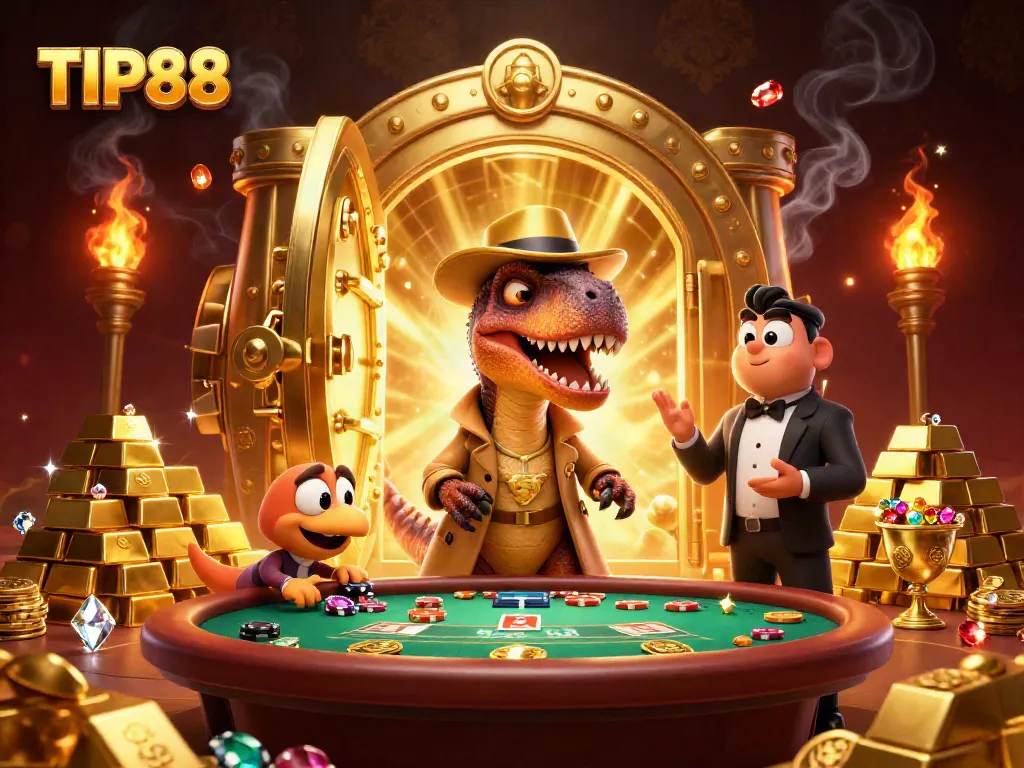Experience the excitement at TIP88 with a cartoon velociraptor card counter at a casino table.