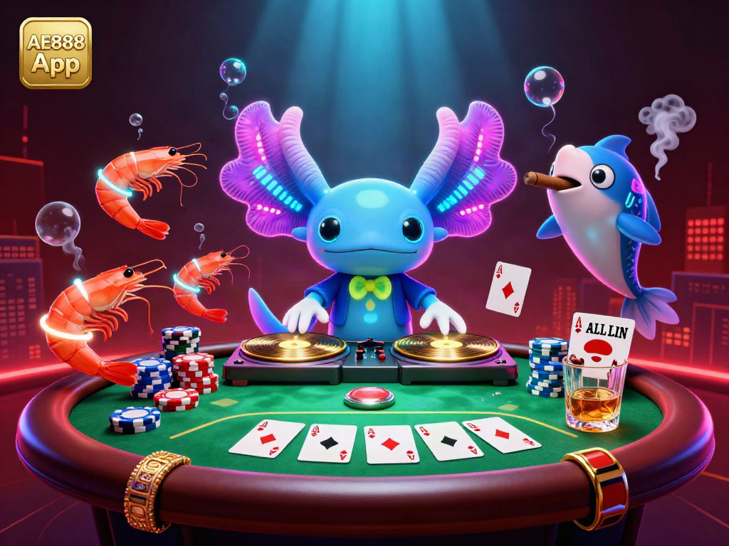 Experience the excitement of the AE888 App with vibrant axolotl DJ and poker elements in a colorful underwater scene.