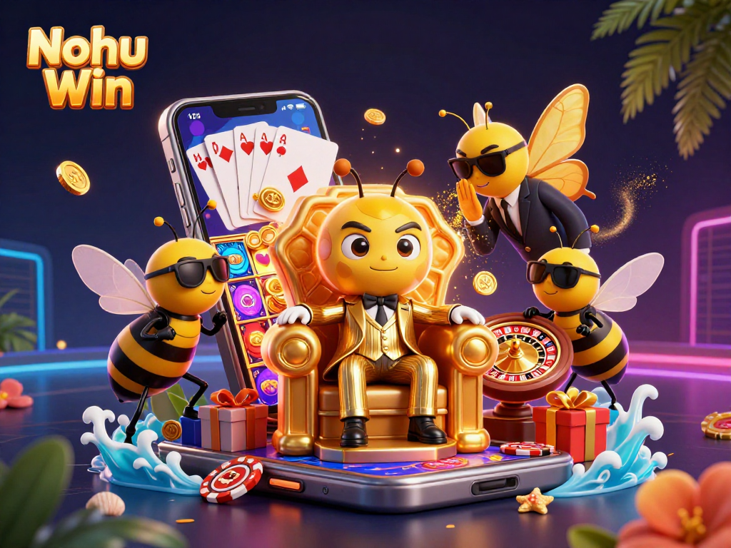 Nohu Win illustrates a lively casino scene with a cartoon mob boss, gambling elements, and vibrant colors.