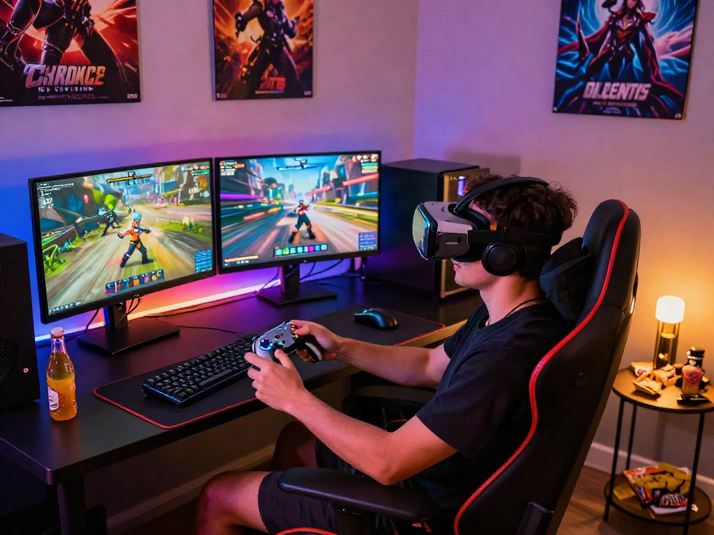 Player engaged in porngames with vibrant setup and immersive atmosphere