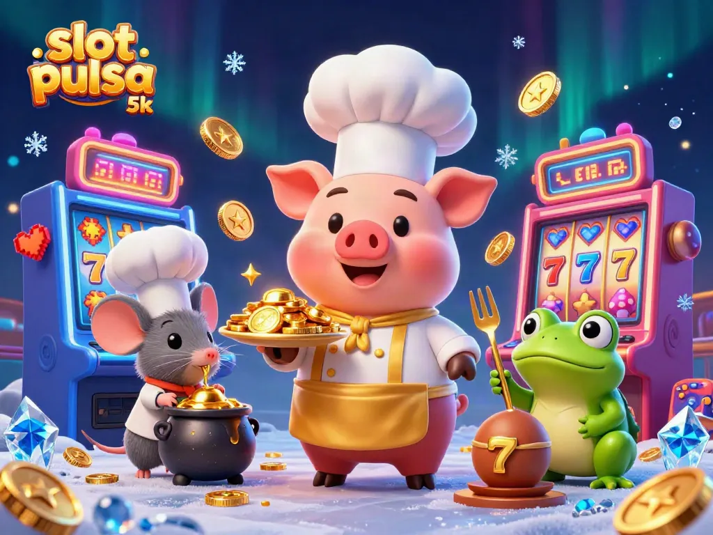 Experience thrilling wins with slot pulsa 5k in vibrant 3D casino illustration of characters and slots.