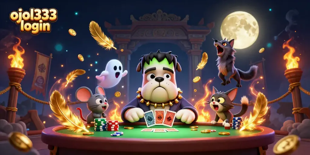 Experience ojol333 login with a 3D cartoon bulldog dealer, magical elements, and vibrant casino atmosphere.