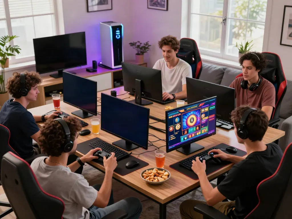 Friends enjoying an akunjp online gaming session in a lively living room with vibrant graphics.