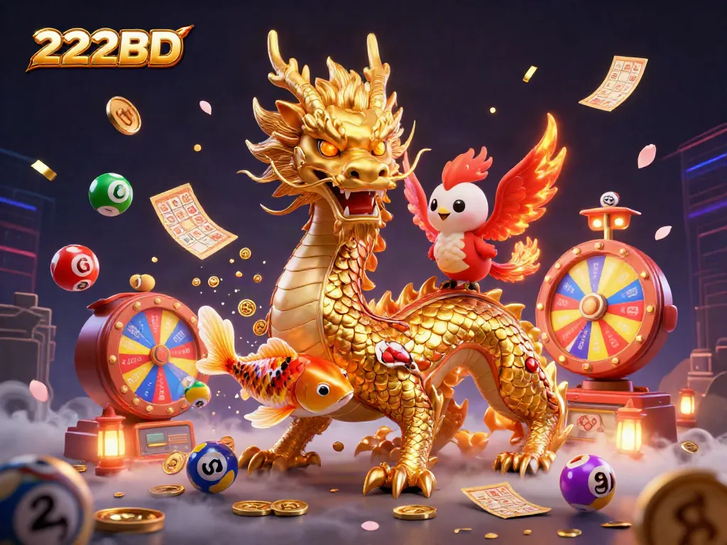 Spin to win with 222BD illustrated vibrant scene of a dragon, phoenix, and koi fish amidst lottery elements.