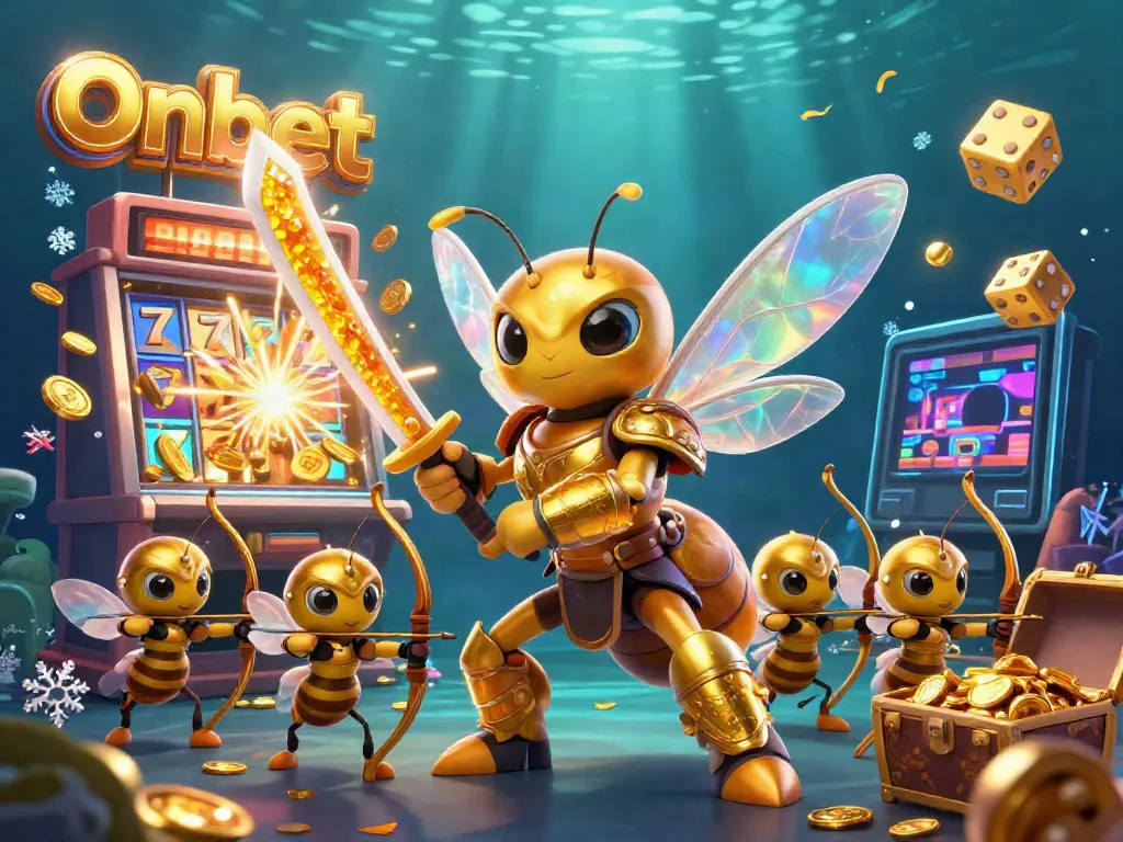 Engage with Onbet's thrilling casino experience featuring a dynamic hyphen of slot machines, golden treasures, and vibrant game elements.