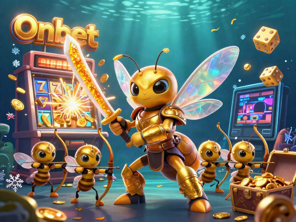 Engage with Onbet's thrilling casino experience featuring a dynamic hyphen of slot machines, golden treasures, and vibrant game elements.
