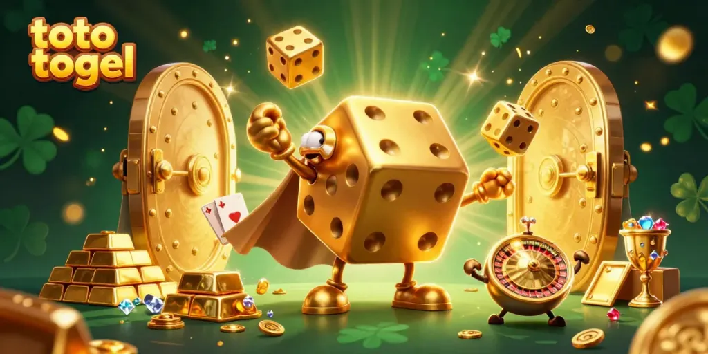 Engage in thrilling toto togel with a dynamic casino-themed 3D illustration featuring golden character elements.