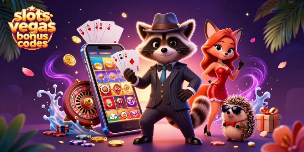 Win with slots of vegas bonus codes featuring raccoon and fox in dynamic casino scene