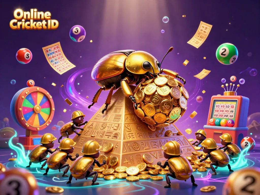 Participate in the world of Online Cricket ID with a vibrant 3D illustration showcasing golden beetles and dynamic casino motifs.
