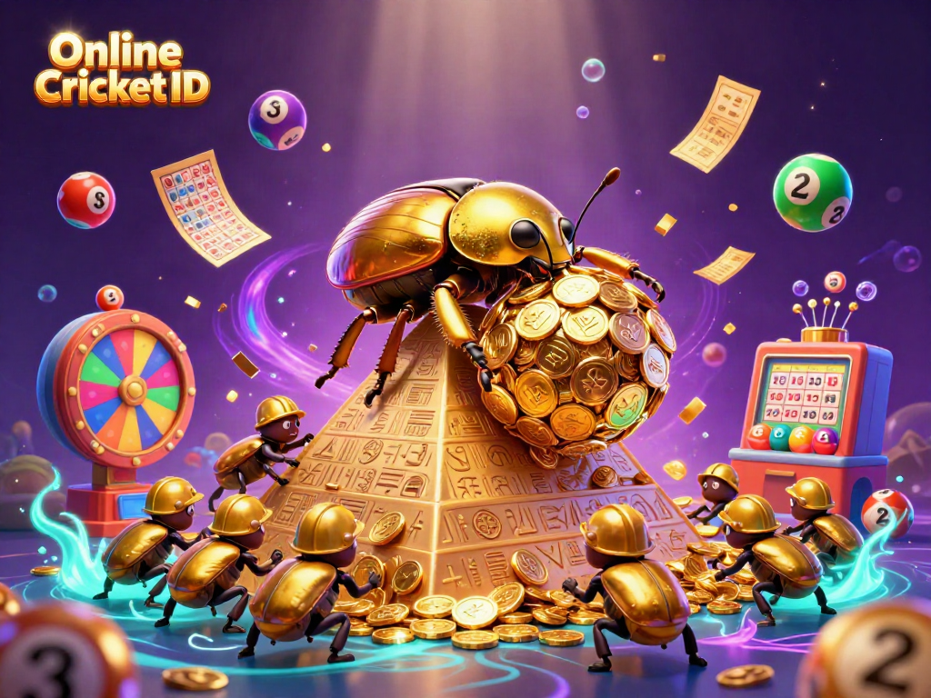 Participate in the world of Online Cricket ID with a vibrant 3D illustration showcasing golden beetles and dynamic casino motifs.