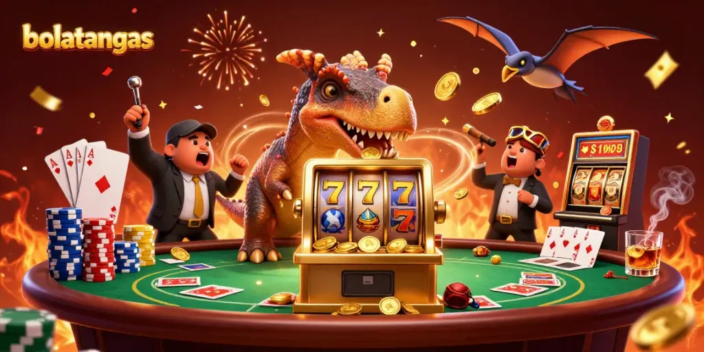 Experience the excitement of bolatangkas as vibrant characters interact with golden slot machines amidst a lively casino scene.